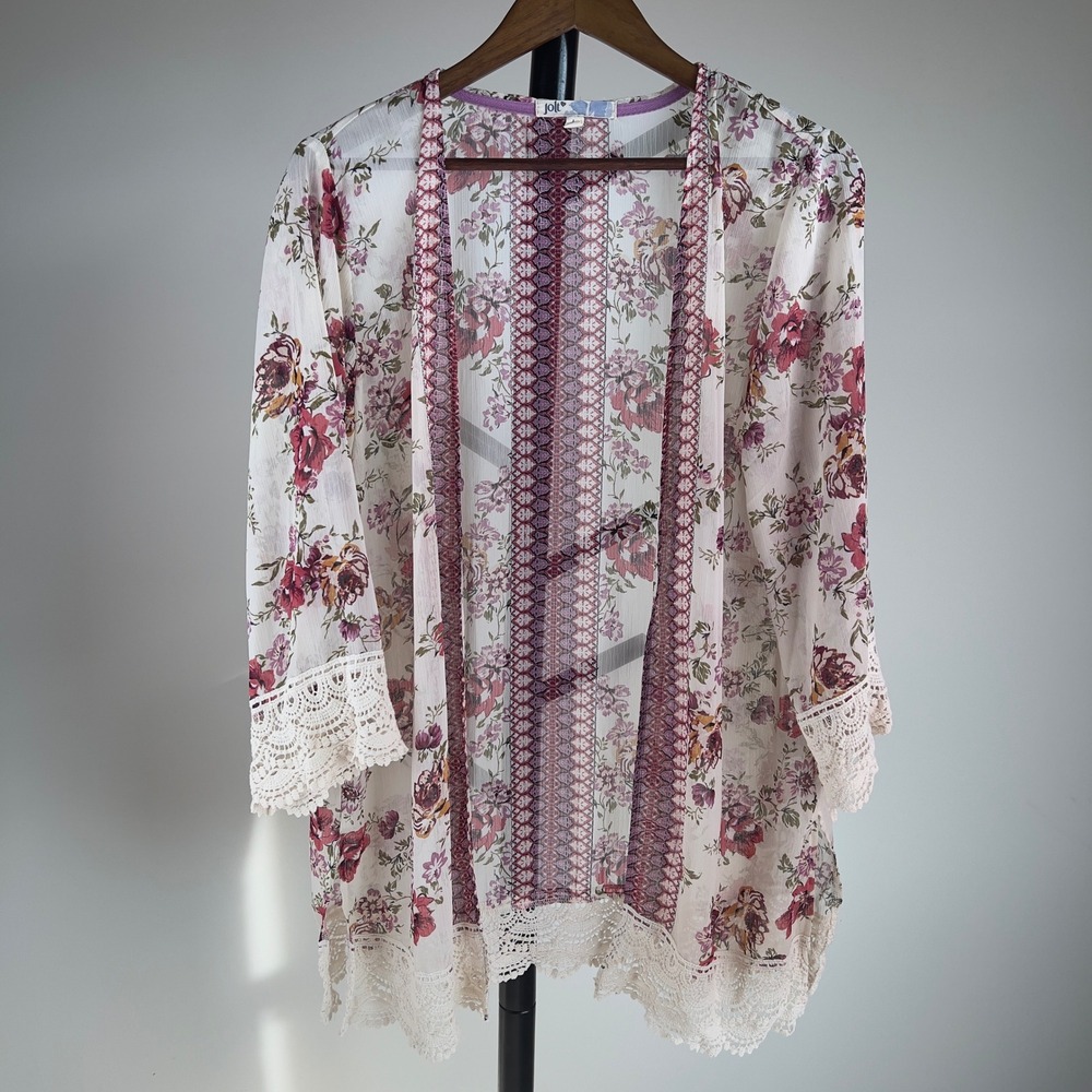 Jolt Womens Floral Kimono Cardigan Sheer Boho Lace Trim Cream Burgundy Large